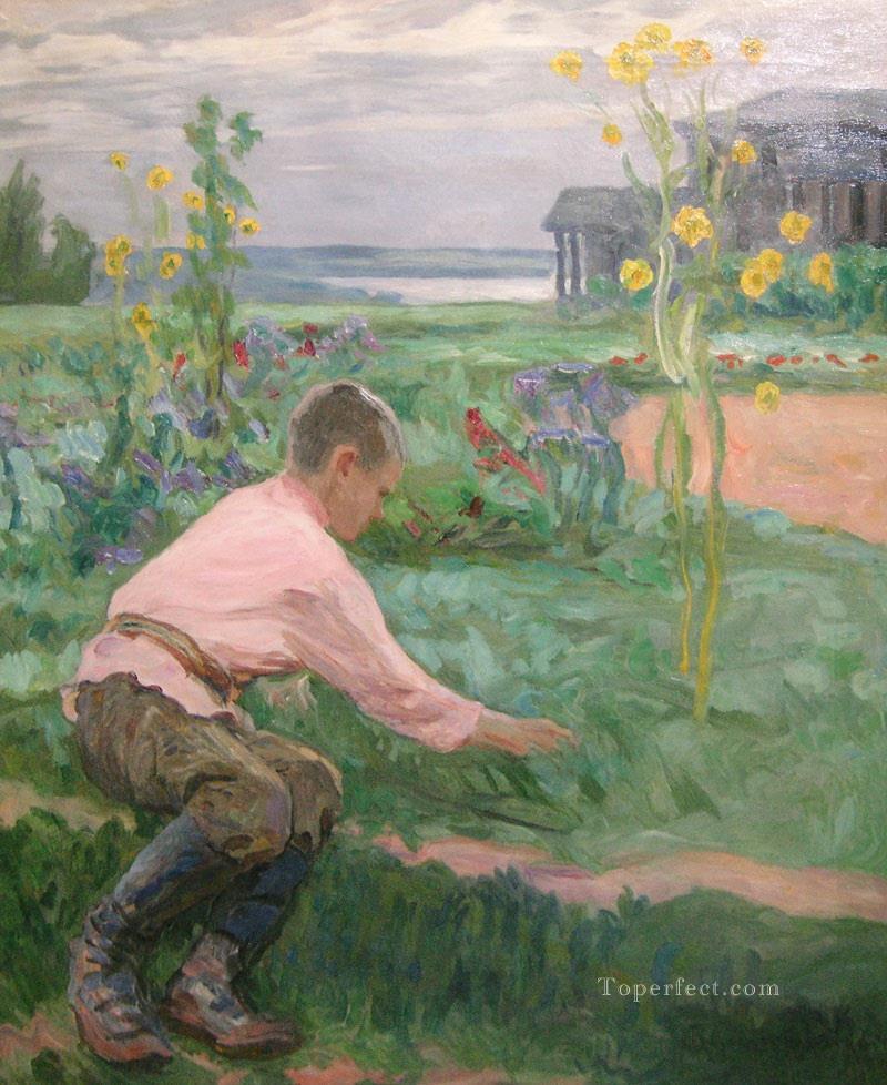 Niño sobre un césped Nikolay Bogdanov Belsky niños impresionismo infantil Pintura al óleo